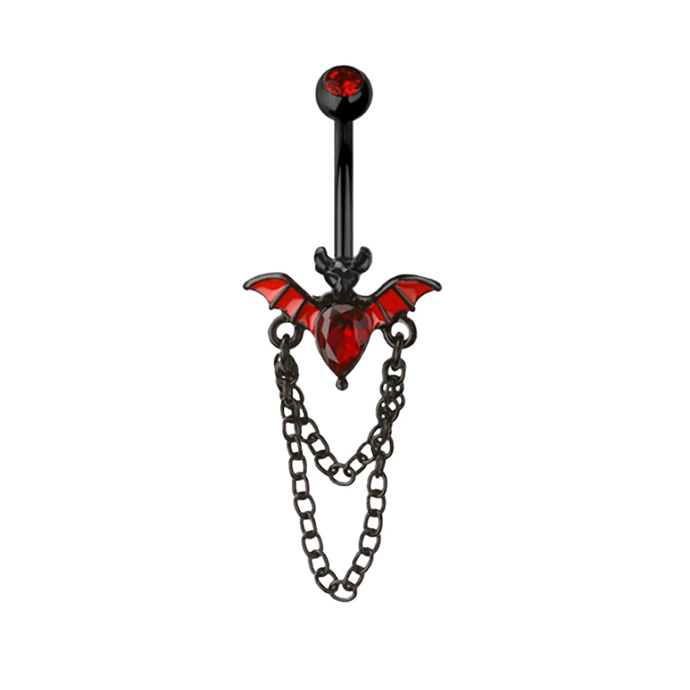 Surgical Steel Belly Ring 14G 10mm with Red Vampire Bat Chain Dangle