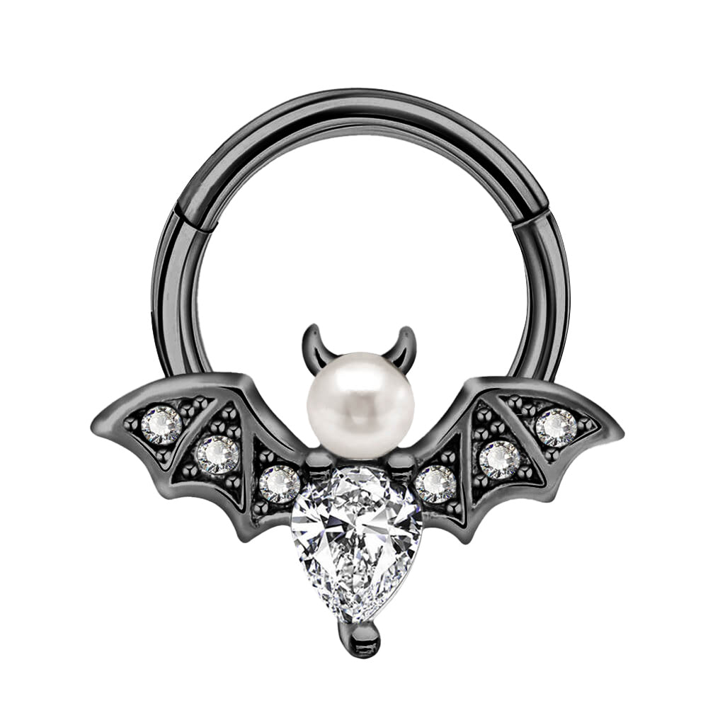 Titanium Hinged Segment Ring 16G 10mm with Vampire Bat CZ & Pearl