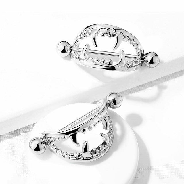 Surgical Steel 14 Gauge Nipple Shield Ring with Vampire Fangs - Pair - photo 3
