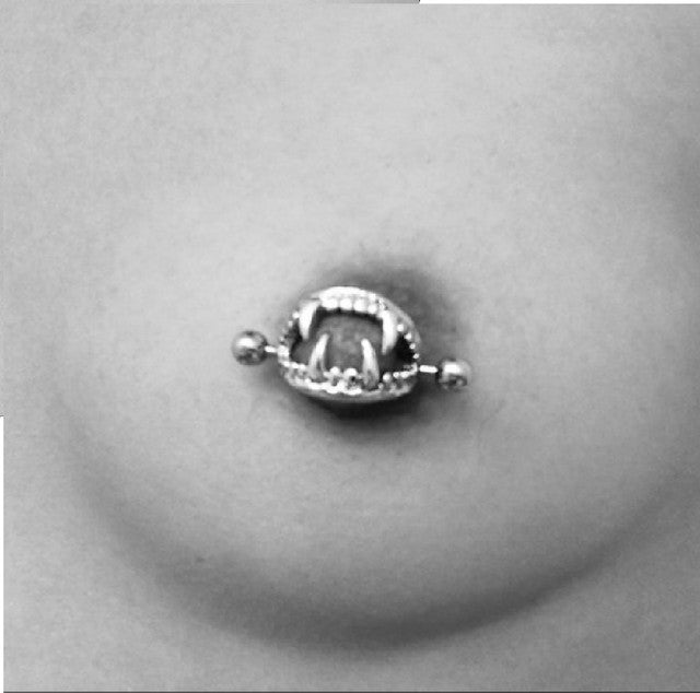 Surgical Steel 14 Gauge Nipple Shield Ring with Vampire Fangs - Pair - photo 4