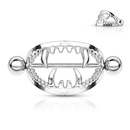 Surgical Steel 14 Gauge Nipple Shield Ring with Vampire Fangs - Pair