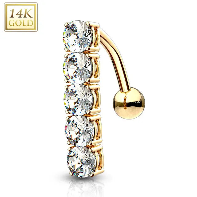 14K Solid Gold 14 Gauge Reverse Belly Ring with 5 CZ - photo 3