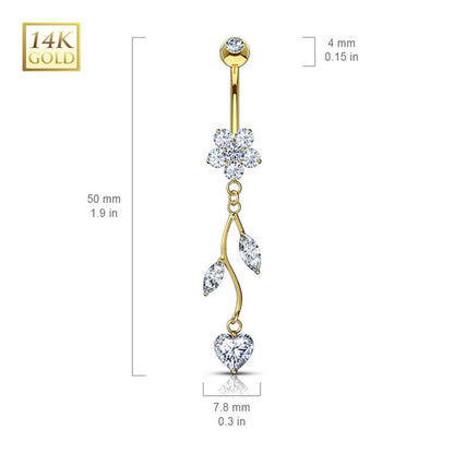 14K Solid Gold 14 Gauge Belly Ring with CZ Flower Dangle Vine - photo 2