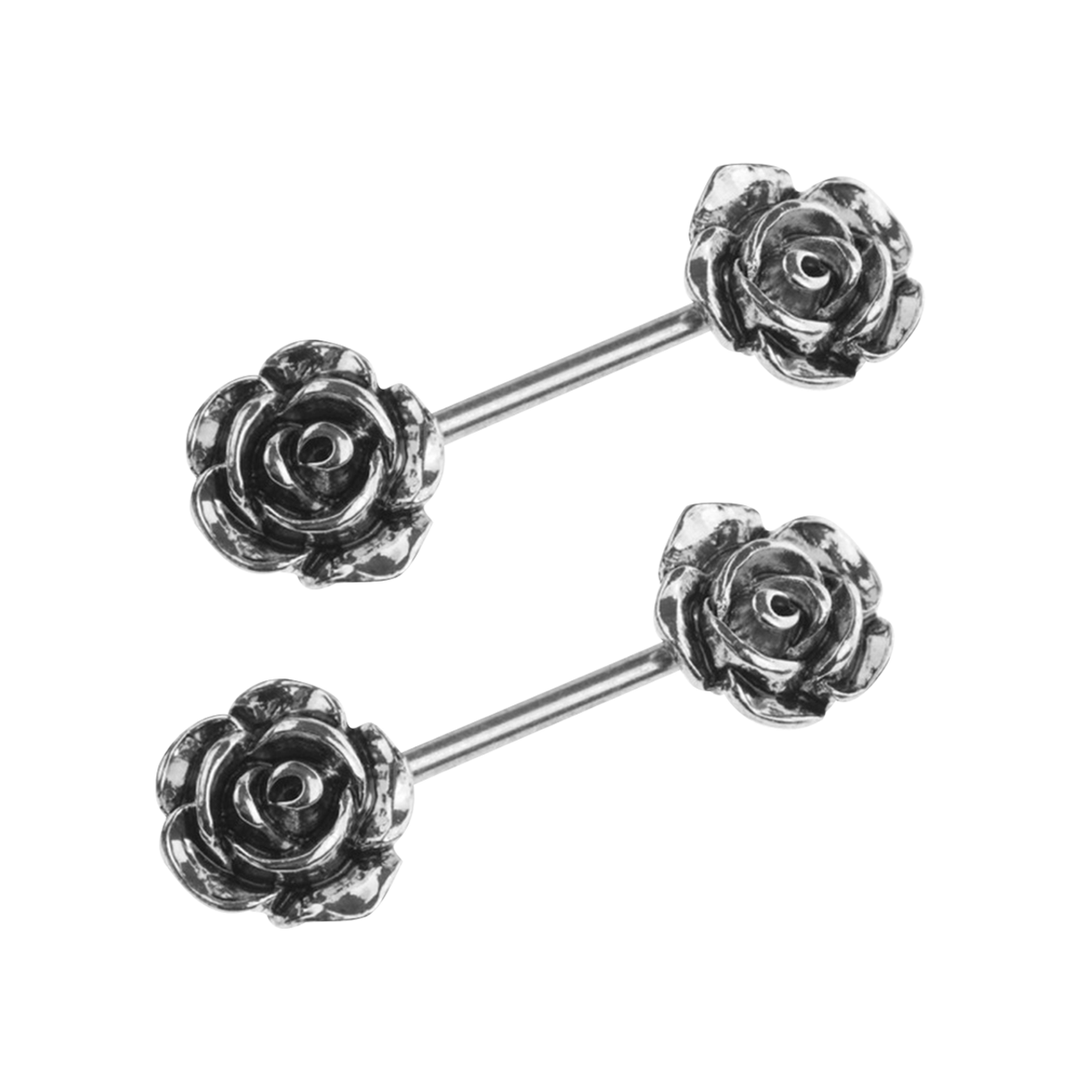 Surgical Steel 14 Gauge Nipple Barbell with Vintage Rose Flower - Pair