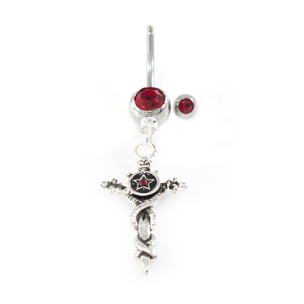 Surgical Steel Belly Button Ring 14 Gauge With Vintage Sword & Red Gem