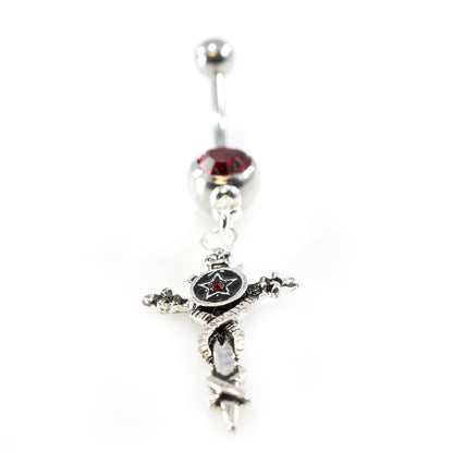 Surgical Steel Belly Button Ring 14 Gauge With Vintage Sword & Red Gem