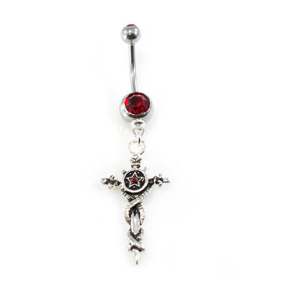 Surgical Steel Belly Button Ring 14 Gauge With Vintage Sword & Red Gem