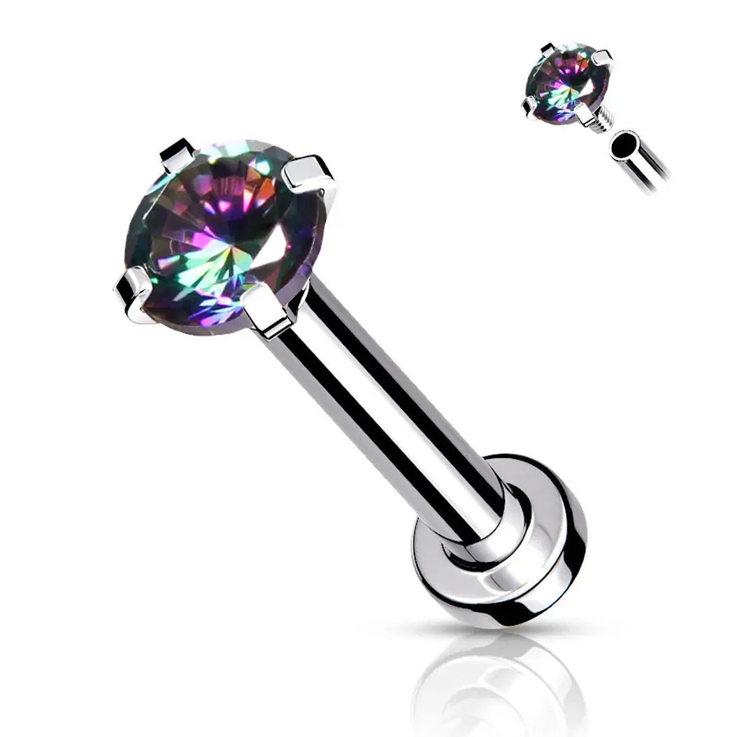Surgical Steel 18 Gauge Prong CZ Top Flat Back Labret Stud