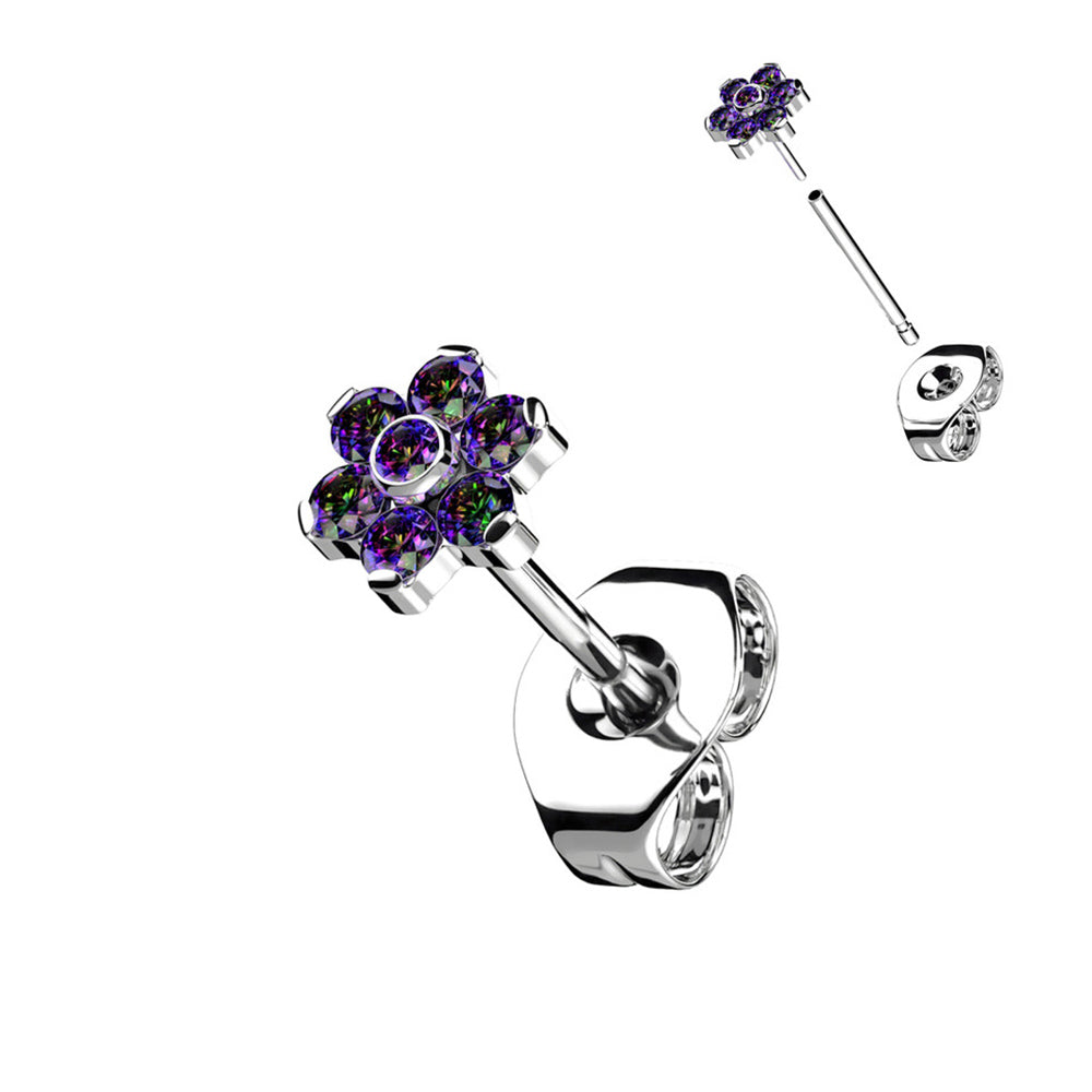 Titanium 20 Gauge CZ Flower End Earring Studs - Pair