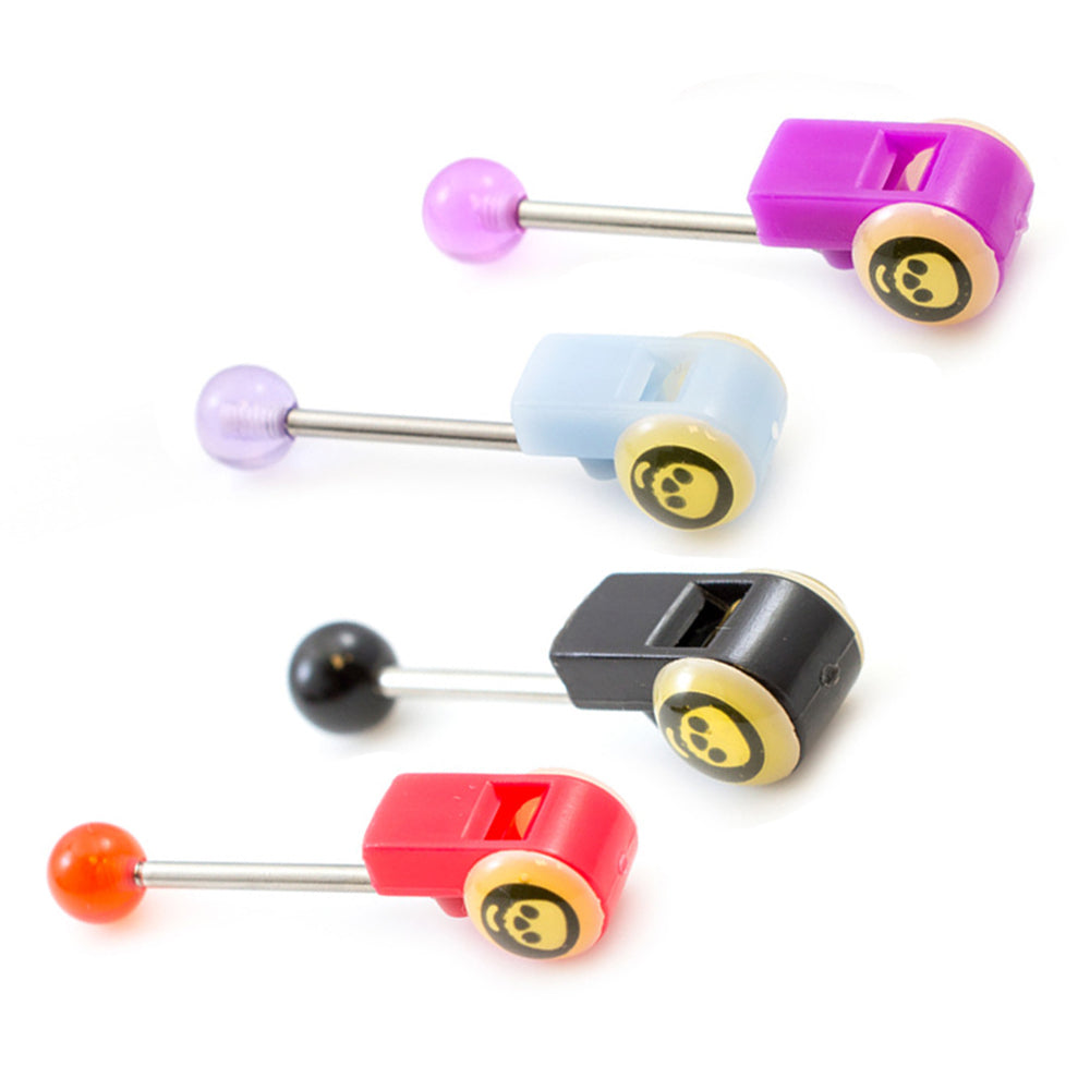 Surgical Steel Tongue Barbell 14G with Skull Whistle - 4 Colors
