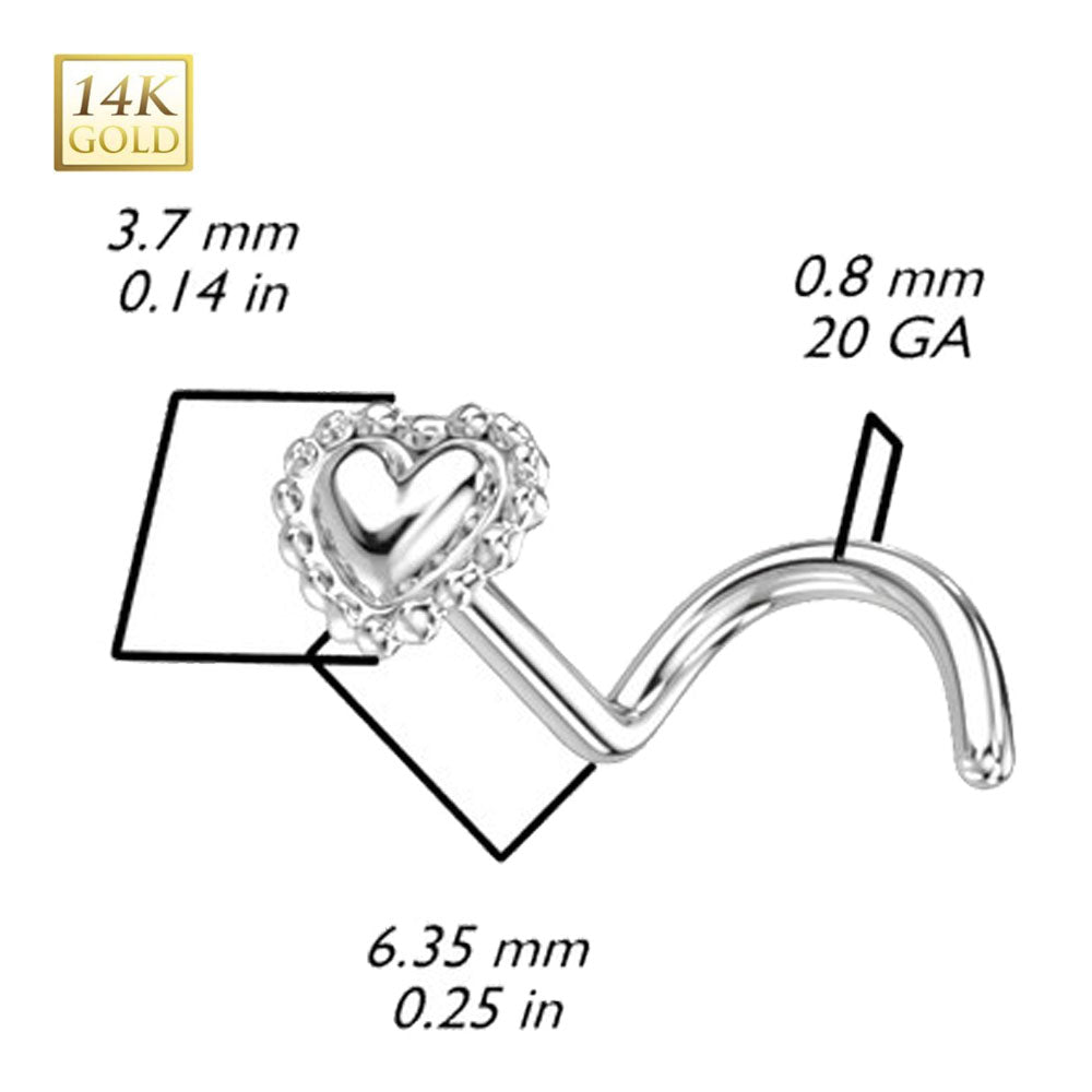 14K Solid White Gold Corkscrew Nose Stud 20G 6mm with Beaded Heart - photo 2