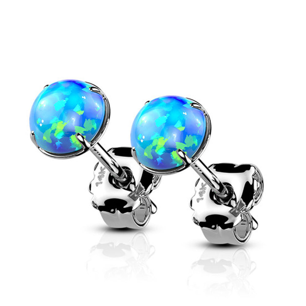 14K Solid Gold Prong Set Opal Stud Earrings - Pair