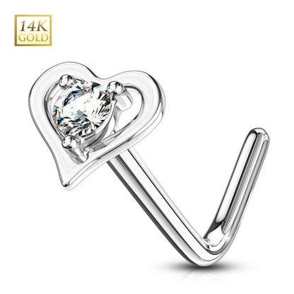 14K Solid Gold 20 Gauge L Shaped Nose Stud with Center CZ Heart - photo 8