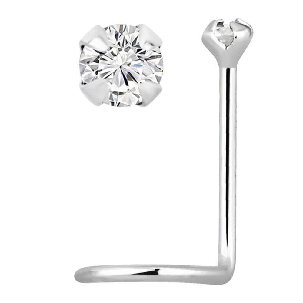 14K White Gold Corkscrew Nose Stud with Genuine Diamond 22 Gauge