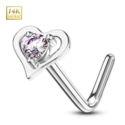 14K Solid Gold 20 Gauge L Shaped Nose Stud with Center CZ Heart - photo 9