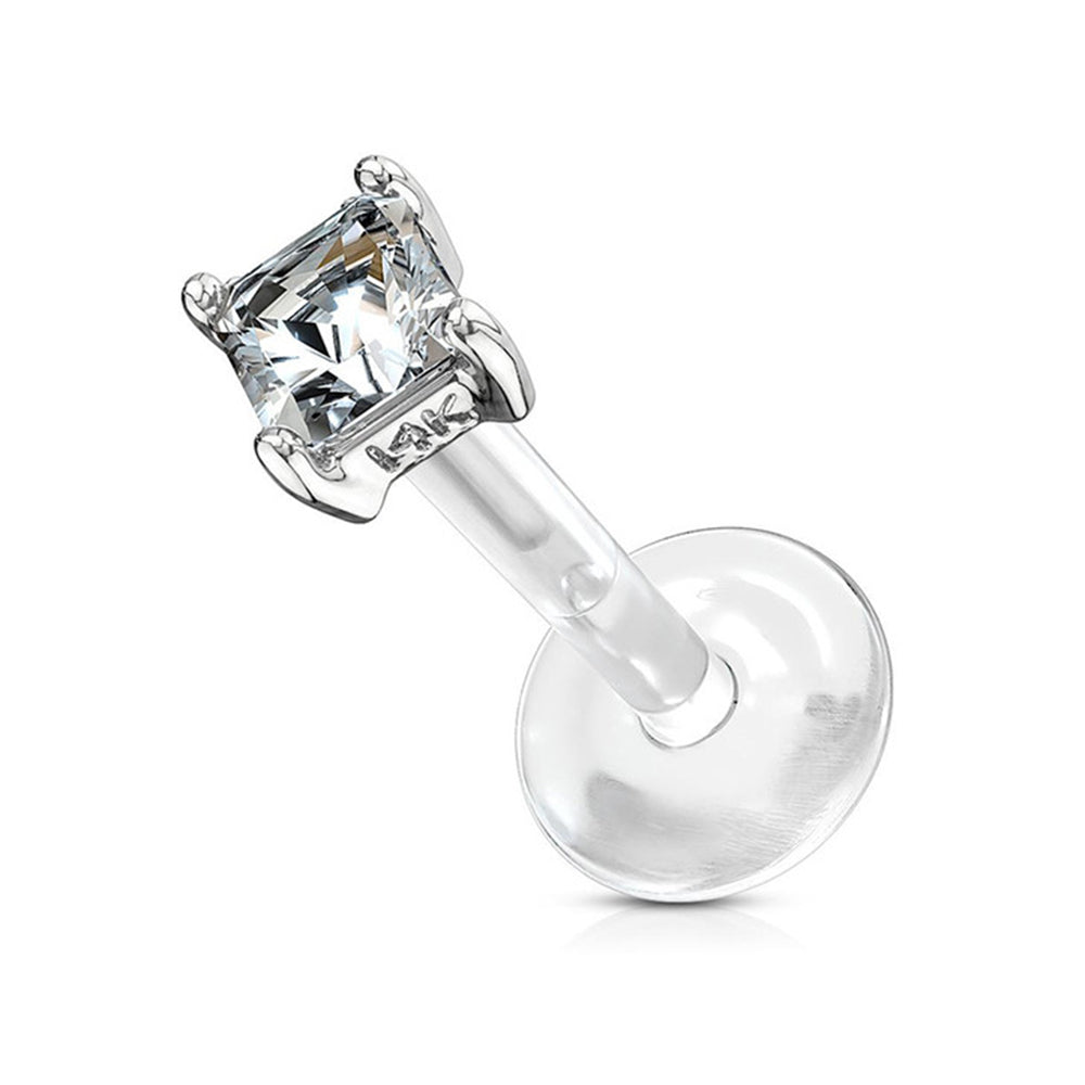 14K Solid Gold 16 Gauge Labret Stud with Square CZ - photo 2