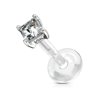 14K Solid Gold 16 Gauge Labret Stud with Square CZ - photo 2