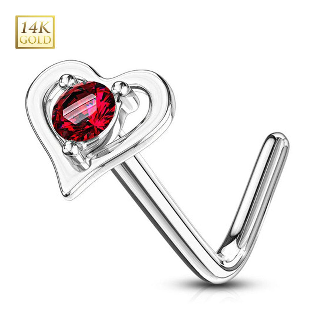 14K Solid Gold 20 Gauge L Shaped Nose Stud with Center CZ Heart - photo 10
