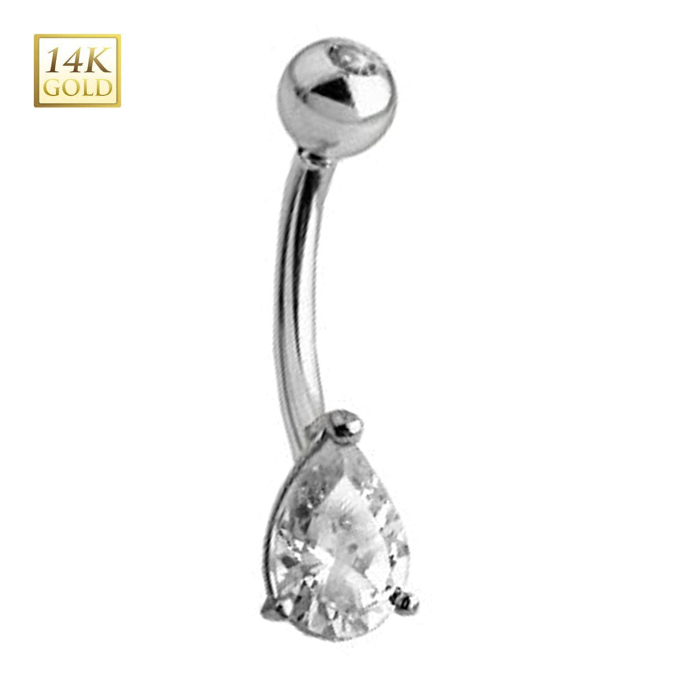 14K Solid White Gold 14 Gauge Teardrop CZ Belly Ring
