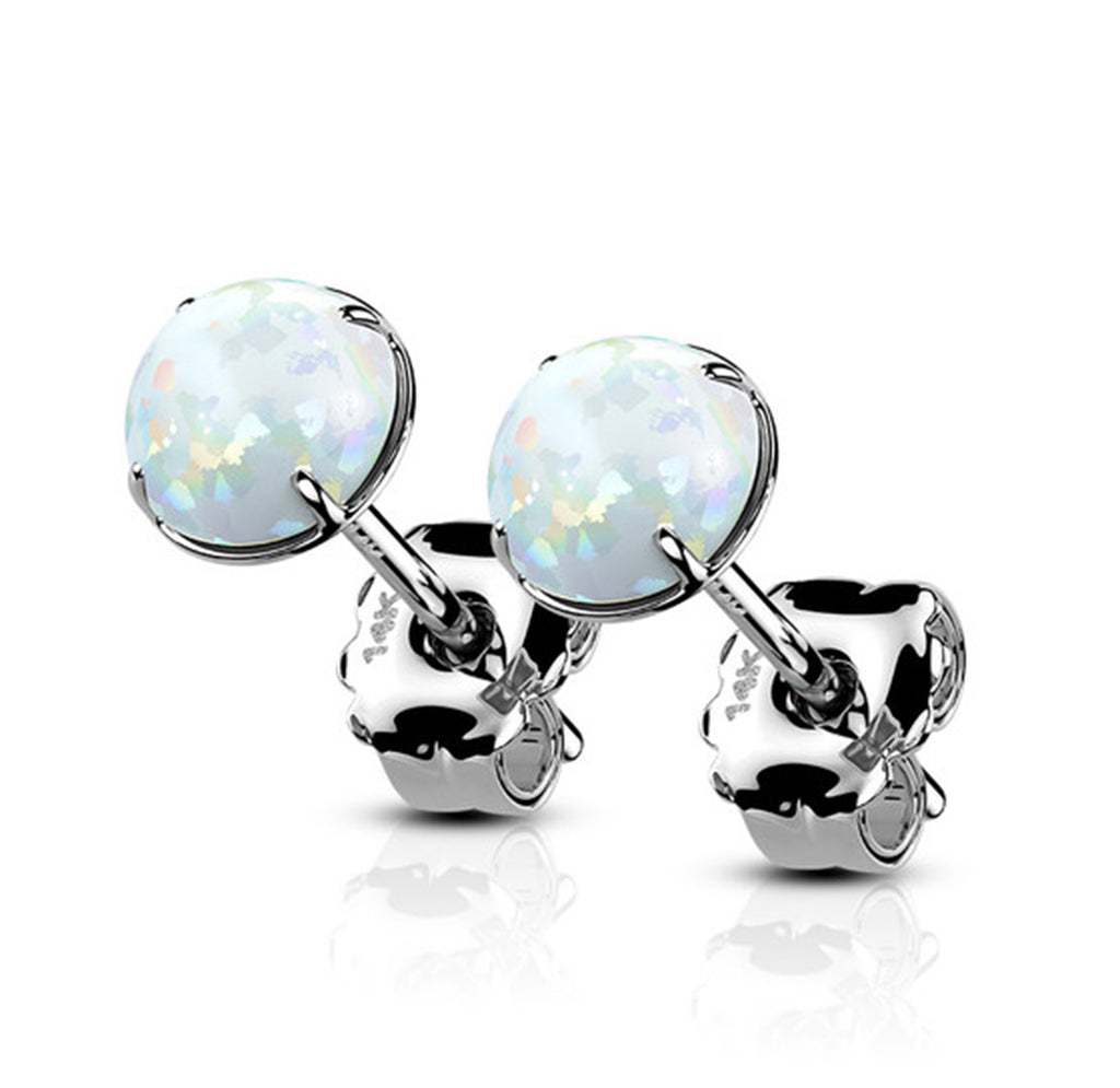 14K Solid Gold Prong Set Opal Stud Earrings - Pair