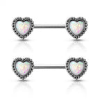 Surgical Steel 14G Glitter Opal Antique Heart Nipple Barbell - Pair