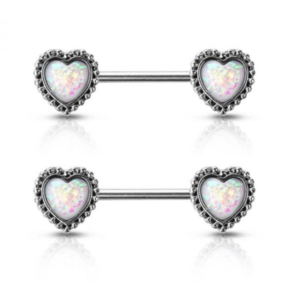 Surgical Steel 14G Glitter Opal Antique Heart Nipple Barbell - Pair