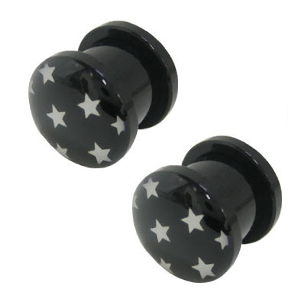Acrylic Black Screw-Fit Ear Plugs 00G to 6G with White Star - Pair
