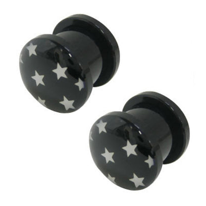 Acrylic Black Screw-Fit Ear Plugs 00G to 6G with White Star - Pair