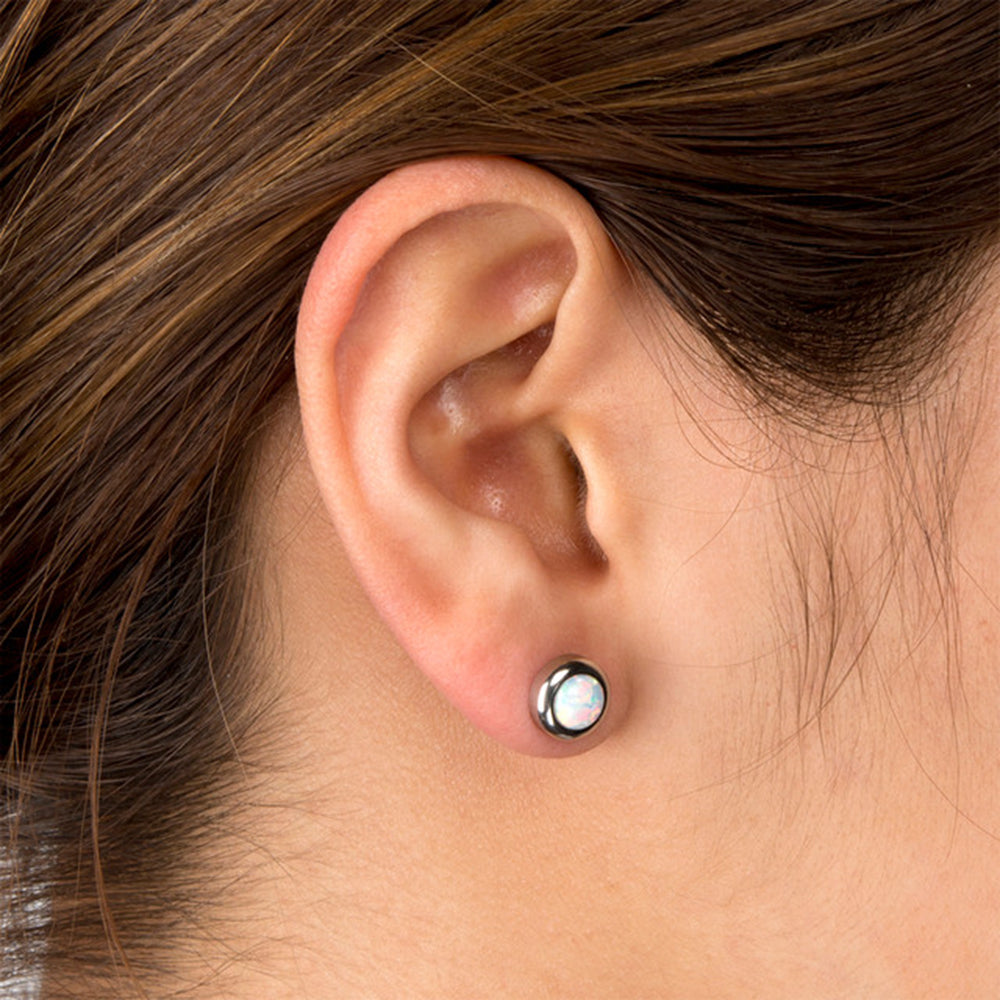 Surgical Steel Bezel Set White Opal Stud Earrings - Pair - photo 2