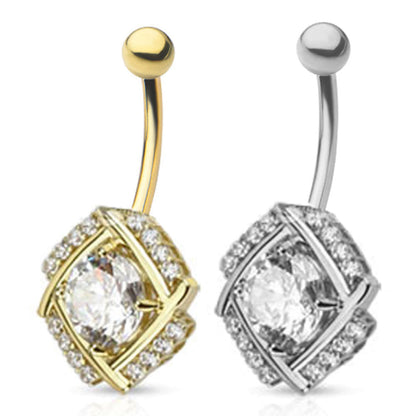 14K Solid Gold 14 Gauge Belly Ring with Sparkle CZ Windmill