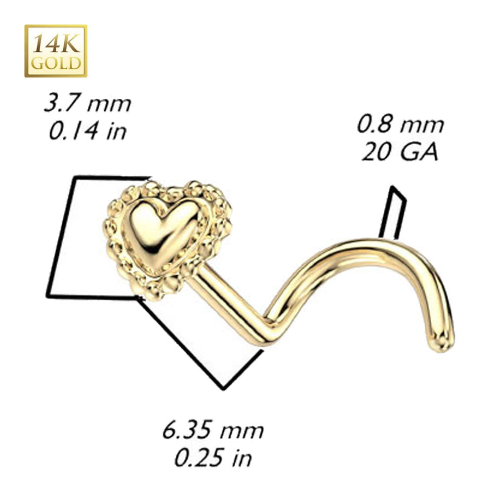 14 Karat Solid Gold 20 Gauge Nose Ring with Beaded Heart Corkscrew - photo 2