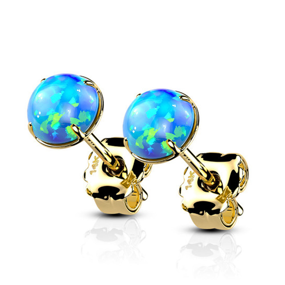 14K Solid Gold Prong Set Opal Stud Earrings - Pair