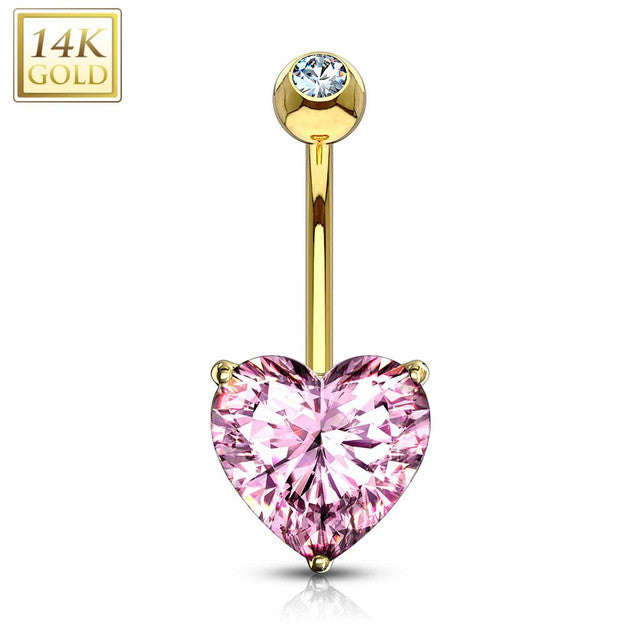 14K Solid Gold 14 Gauge Belly Button Ring with Heart CZ - photo 6