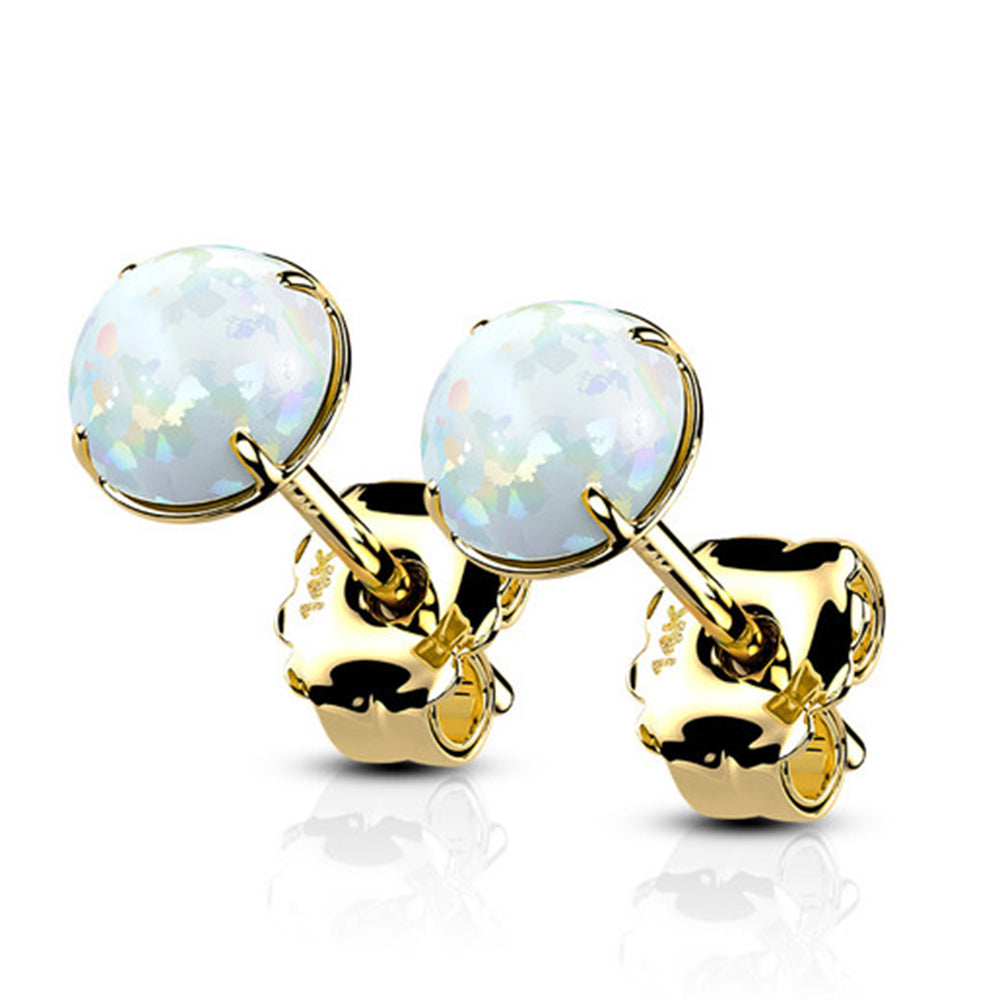14K Solid Gold Prong Set Opal Stud Earrings - Pair