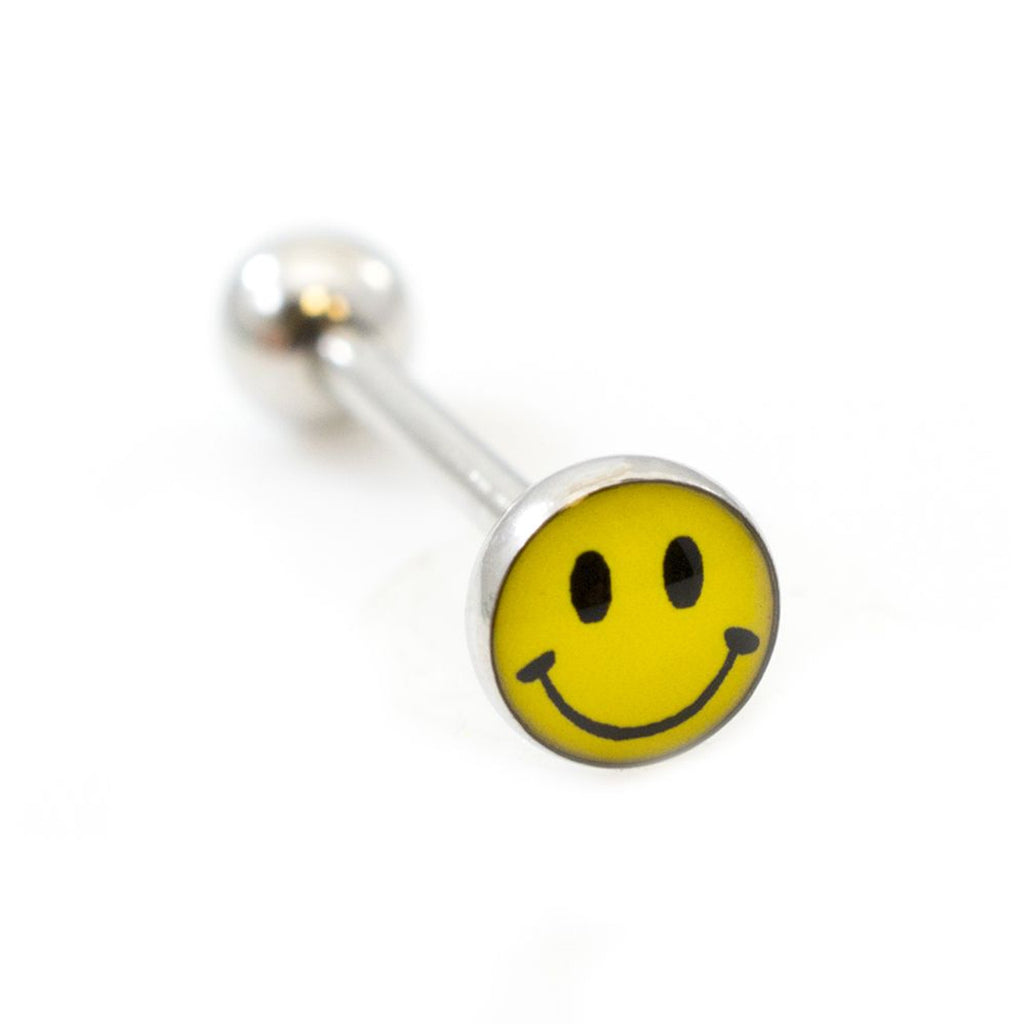 Surgical Steel Tongue Ring Straight Barbell 14 Gauge with Smiley Face - Kruelty