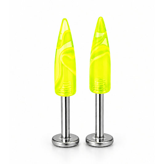 Surgical Steel 14 Gauge Labret Stud Neon Yellow Spike Marble - Pair