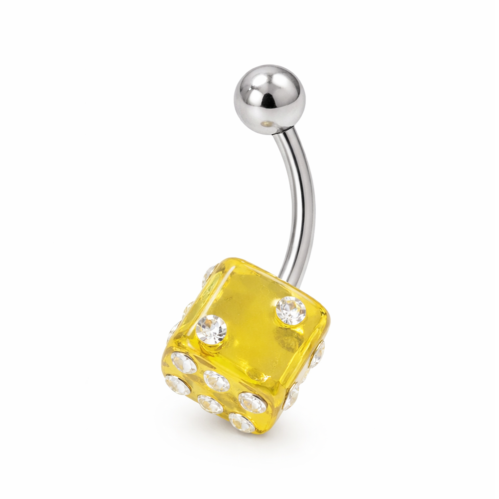 Surgical Steel 14 Gauge Belly Ring with Yellow Acrylic UV Dice