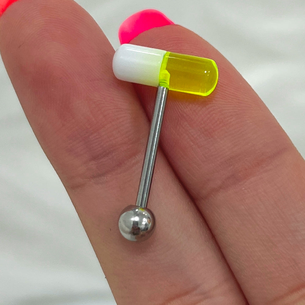 Surgical Steel 14 Gauge Tongue Barbell with UV Glow Acrylic Pill Ends - photo 4