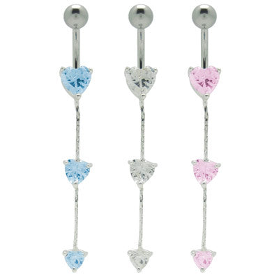 Surgical Steel 14 Gauge Belly Ring with Triple Heart CZ Dangle