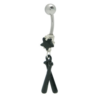 Surgical Steel 14 Gauge Belly Ring with Black Baseball Bats
