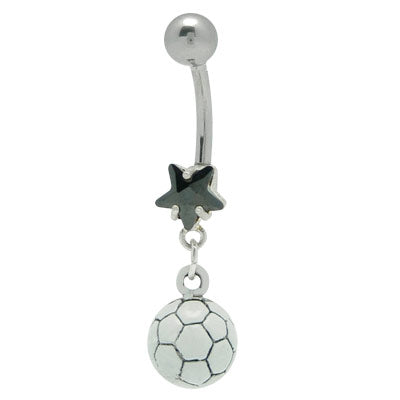 Surgical Steel 14 Gauge Soccer Ball Dangle Belly Ring Black Star CZ