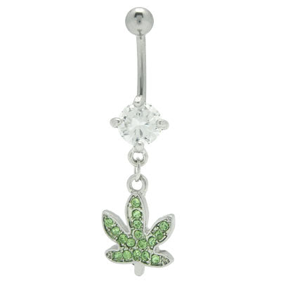 Surgical Steel 14 Gauge Belly Ring with Pot Leaf Green and Clear CZ