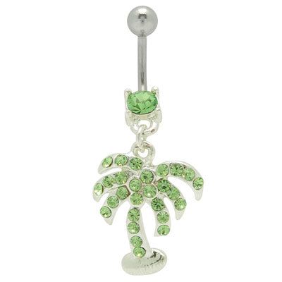 Surgical Steel 14 Gauge Belly Ring with Dangle Palm Tree Green CZ