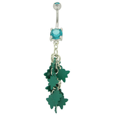 Surgical Steel 14 Gauge Belly Ring with Dangle Green Leafs and CZ