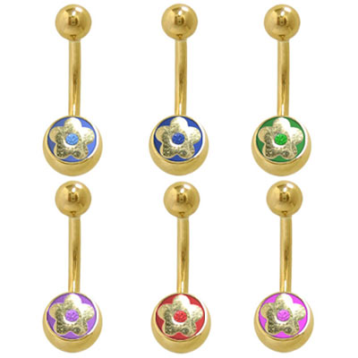 Gold Plated Flower Belly Button Ring 14 Gauge with Jewel