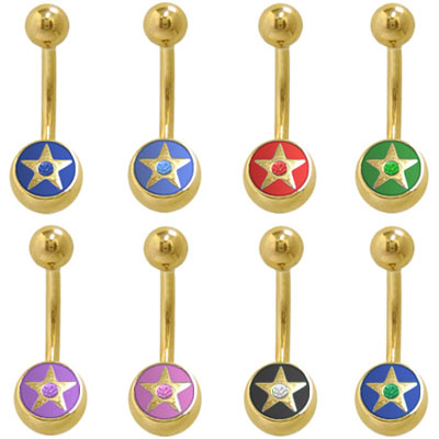 Gold Plated Star Belly Button Ring 14 Gauge with Jewel