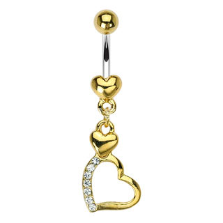 Gold Plated Belly Ring 14 Gauge with Dangle Heart CZ Jewels
