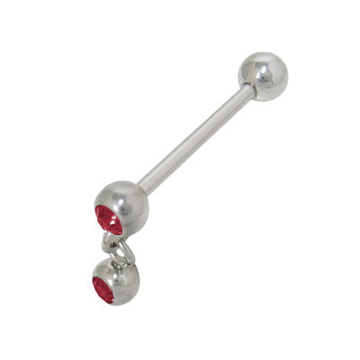 Surgical Steel 14 Gauge Tongue Barbell with Red Dangle Double Jewel