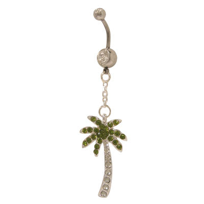 Surgical Steel 14 Gauge Belly Ring with Dangling Palm Tree CZ