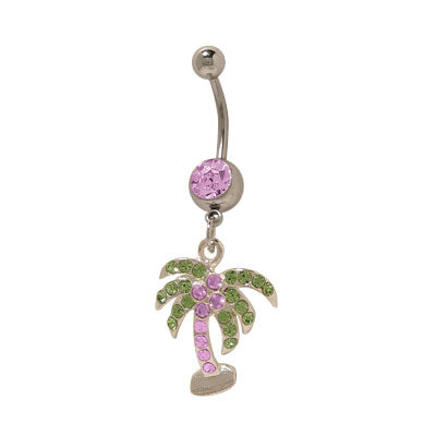 Surgical Steel 14 Gauge Belly Ring with Dangling Palm Tree and CZ